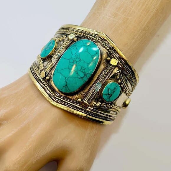 Jewelry - Kuchi Cuff, Afghan, Vintage Bracelet, Green Jasper, Composite Stone, Silver Cuff